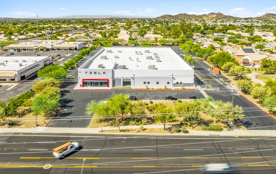 Aerial view of the Tesla collision center on North 32nd Street, Phoenix, Arizona